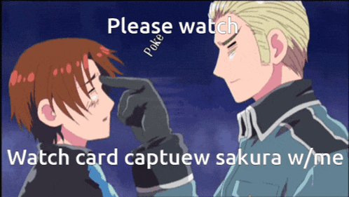 a picture of a man touching another man 's nose with the words please watch