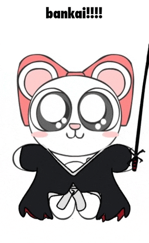 a drawing of a panda bear holding a sword with the word bankai written below it
