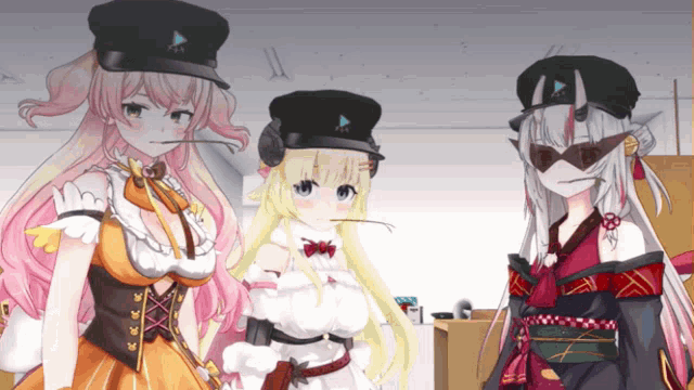 three anime girls are standing next to each other with one wearing a hat that says play