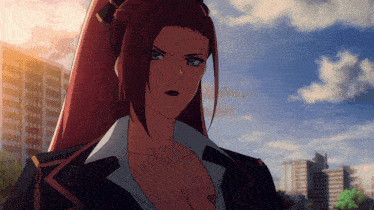 a woman with red hair is wearing a black jacket and white shirt