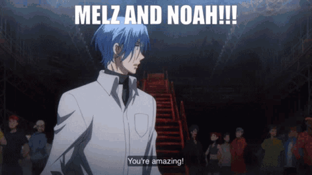 a man with blue hair stands in front of a crowd and says melz and noah