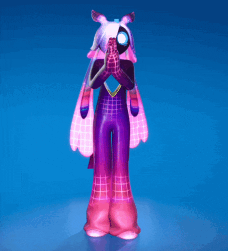 a purple and pink cartoon character is dancing