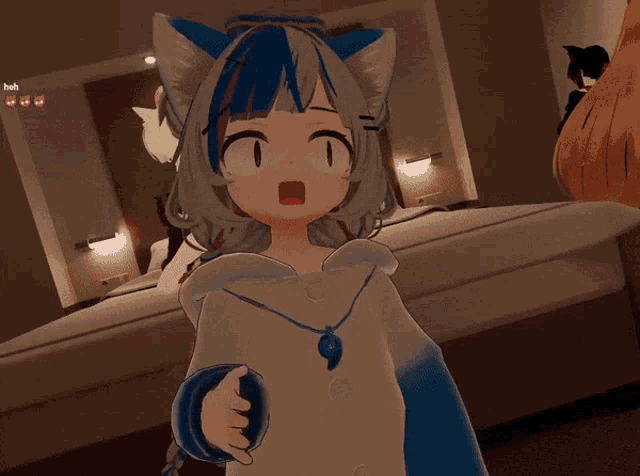 a screenshot of a video game shows a girl pointing at something