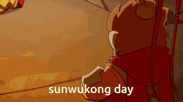 a cartoon character says sunwukong day on the bottom right