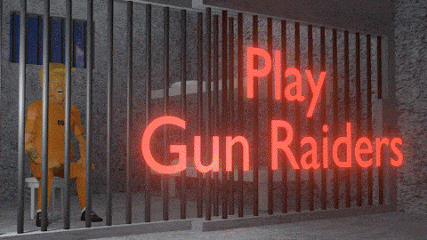 a man in a jail cell with the words play gun raiders