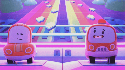 two cartoon cars are standing next to each other on a pink and purple background