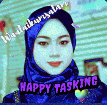 a woman wearing a blue hijab with the words happy tasking on the bottom