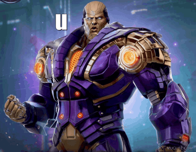 a man in a purple and gold suit has the letter u above his head