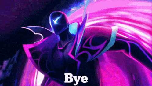 a purple and blue cartoon character with the words `` bye '' on the bottom .