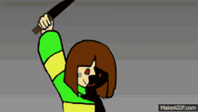 a cartoon of a girl holding a knife with makeagif.com at the bottom