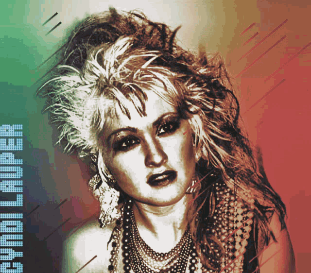 a poster of cyndi lauper with a feathered hairdo