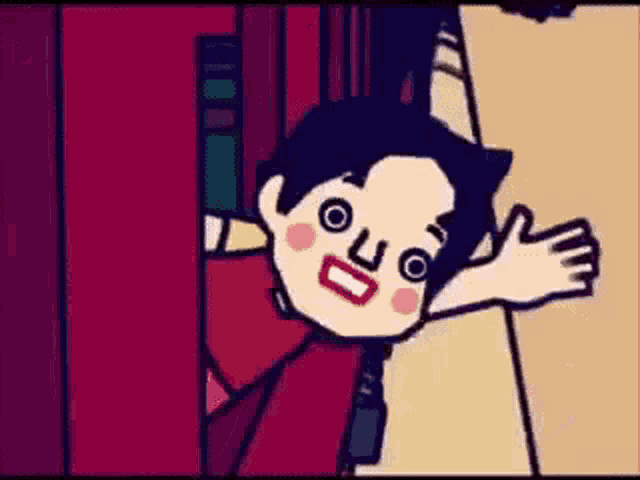 a cartoon character is standing in front of a red door and smiling .