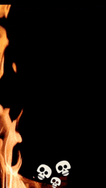 a skull with a rose in its mouth is surrounded by flames
