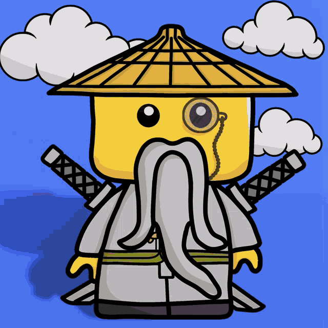 a cartoon drawing of a man with a beard wearing a hat and holding a sword