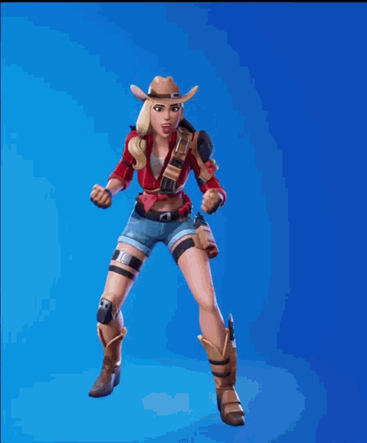 a woman in a cowboy outfit is jumping in the air with her arms outstretched