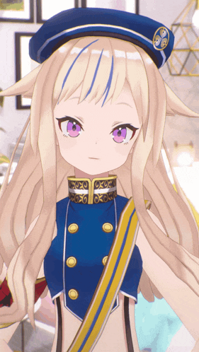 a girl with purple eyes and a blue hat
