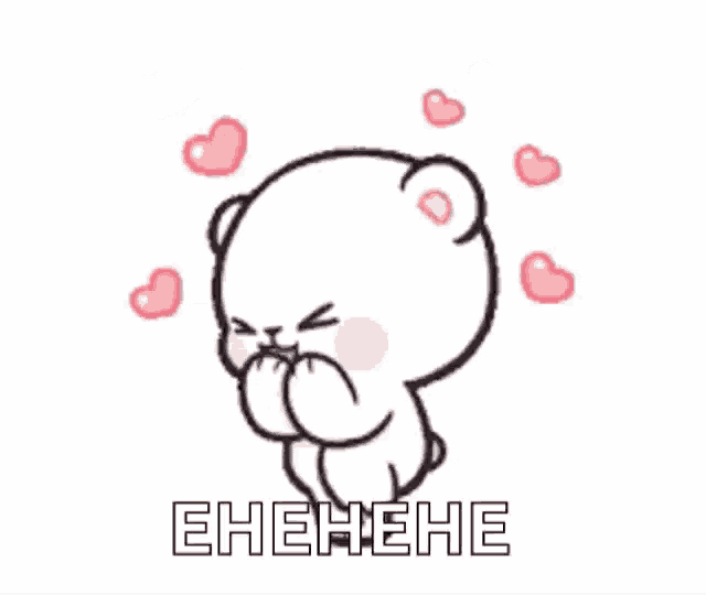 a cartoon of a teddy bear with hearts around it and the words ehehe .
