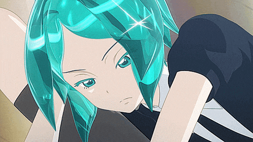 a close up of a cartoon character with green hair and blue eyes