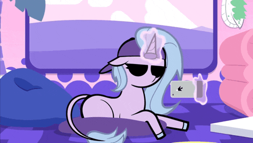 a cartoon pony wearing sunglasses and a hat with the letter a on its head