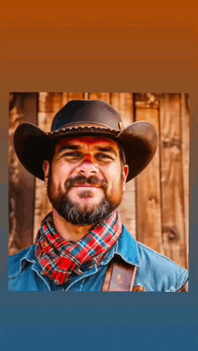 a man with a beard wearing a cowboy hat and a plaid scarf .