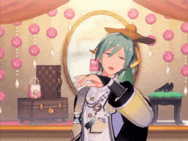 a cartoon character with green hair is standing in front of a round mirror