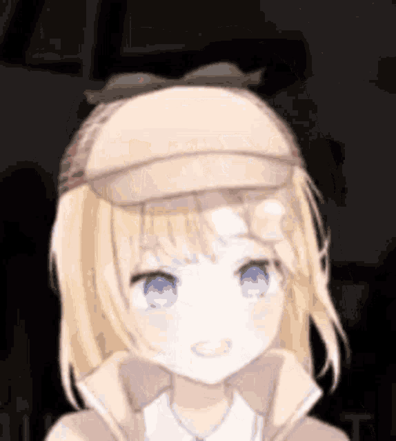 a girl with blonde hair and blue eyes is wearing a hat and a jacket .