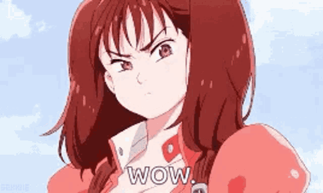 a cartoon girl with red hair is standing in front of a blue sky and says wow .