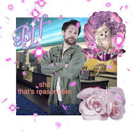 a man with his arms crossed is surrounded by pink flowers and the words shit that 's reasonable on the bottom