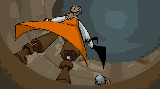 a cartoon of a man with an orange cape holding a sword