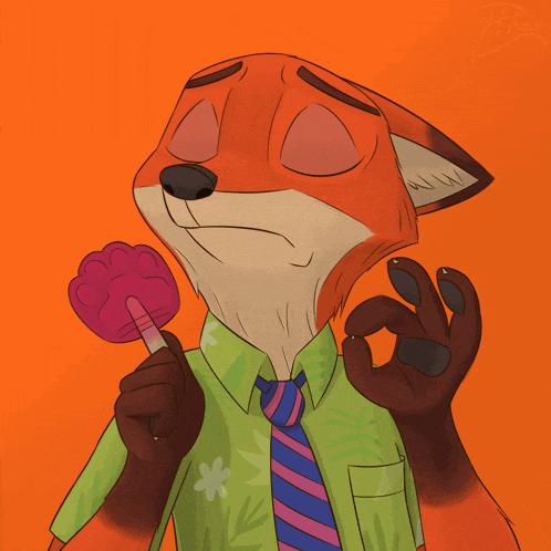 a cartoon of a fox in a green shirt and tie holding a lollipop