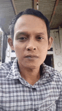 a man wearing a plaid shirt is looking at the camera .