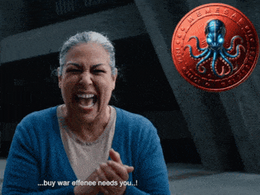 a woman is screaming in front of an octopus coin that says meme sa