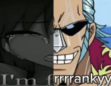 a cartoon character is crying and smiling next to a cartoon character .