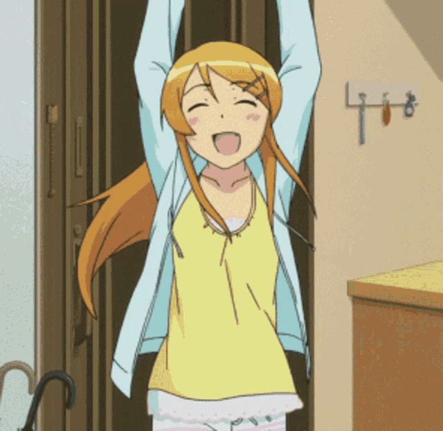 a girl with her arms in the air is wearing a yellow tank top