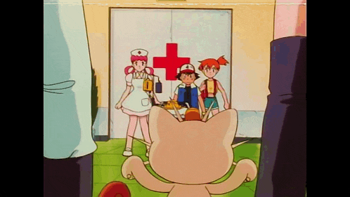 a group of anime characters are standing in front of a red cross