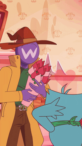 a cartoon of a man holding a bouquet of flowers with a w on his face
