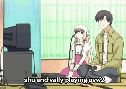 a man and a girl sit on the floor playing a video game with the words shu and vally playing ovw2 below them