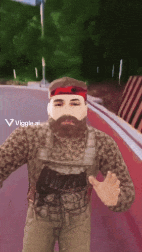 a man with a beard wearing a red hat and a vest that says nike on it
