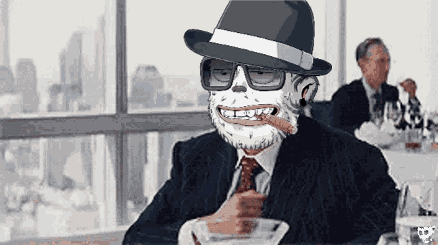 a man with a beard wearing a fedora and glasses is smoking a cigar