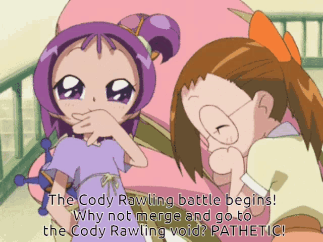 a cartoon of two girls with the words " the cody rawling battle begins " at the top