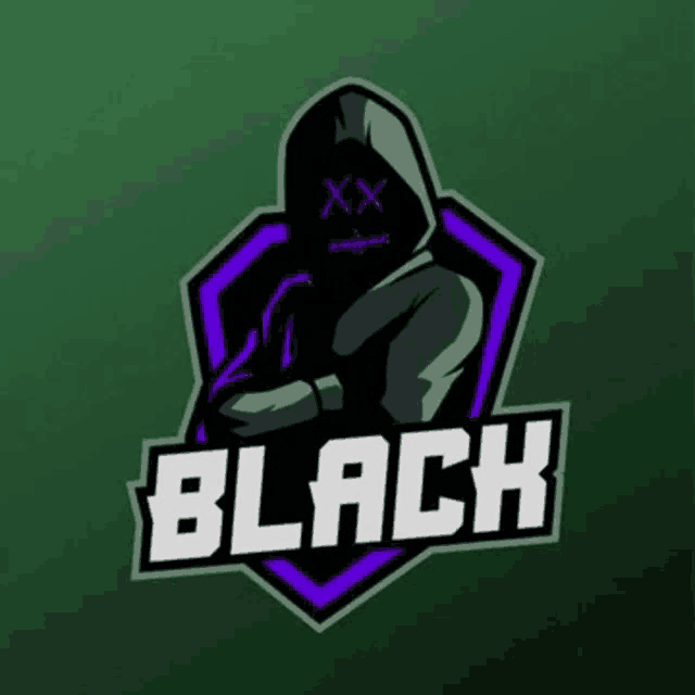 a logo for a gaming team called black with a person in a hood and a shield .