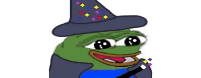 a cartoon frog is wearing a witch hat and holding a magic wand .