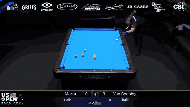 a pool table sponsored by jb cases and diamond