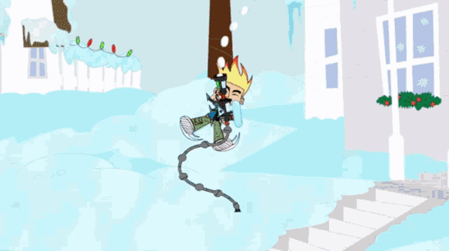 a cartoon drawing of a snowy landscape with a tree and a white fence