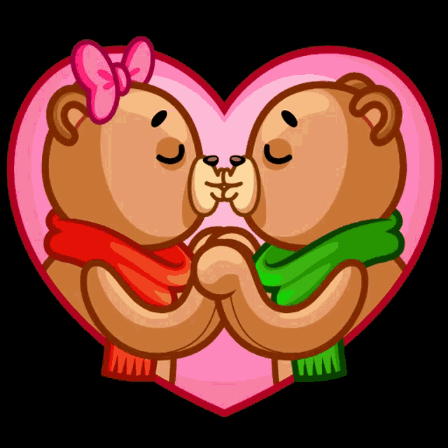 a couple of teddy bears kissing in front of a pink heart