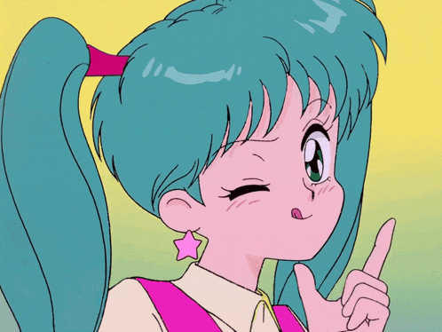 a cartoon girl with blue hair and pink earrings
