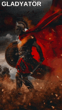 a poster of a gladiator with a red cape holding a sword