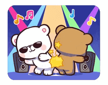 a couple of teddy bears are dancing together in front of speakers .