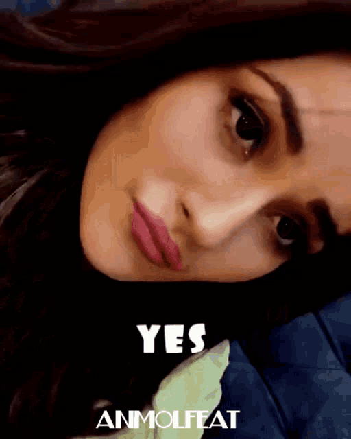 a close up of a woman 's face with the words yes annolfat written below her