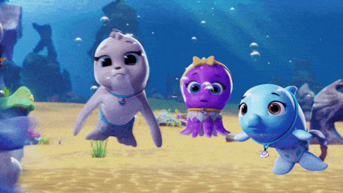 a group of cartoon animals are swimming in the ocean